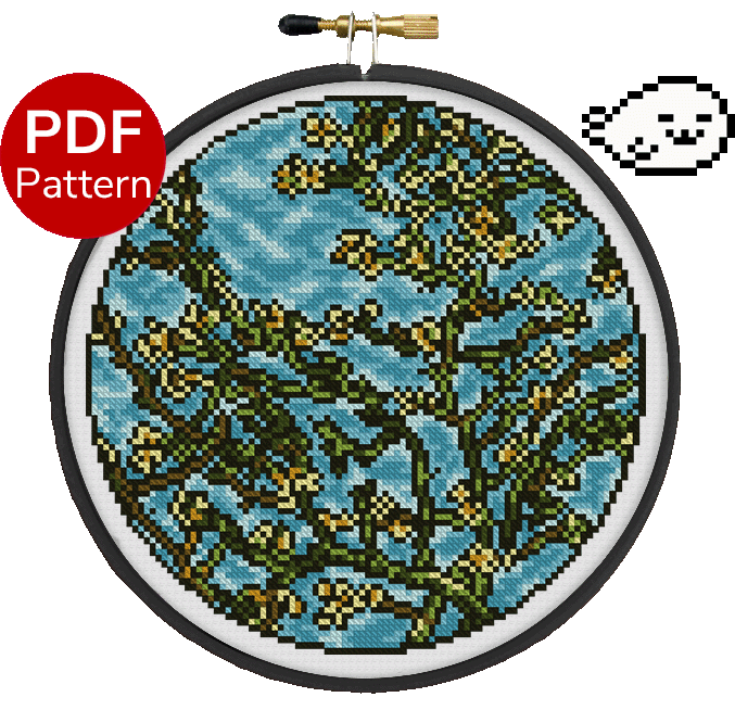 cross stitch pattern of the painting almond blossoms from van gogh