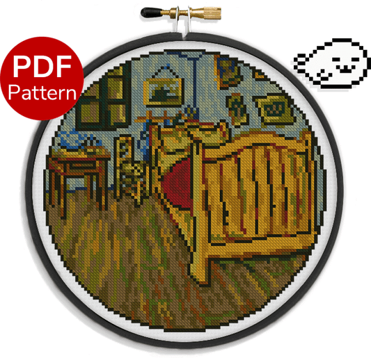 cross stitch pattern of the bedroom in arles painting from van gogh