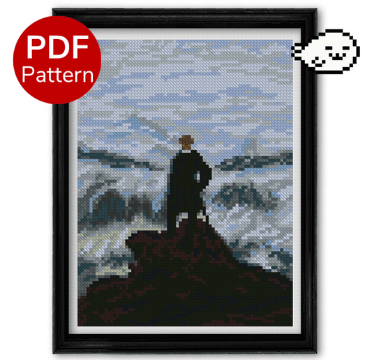 cross stitch pattern of the painting wanderer above the sea of fog