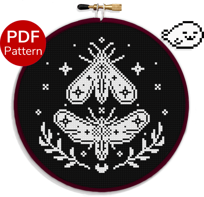 cross stitch pattern of a moth in black and white with moon and stars in the background