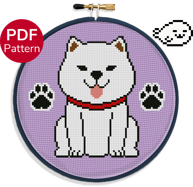 cross stitch pattern of an akita inu with black paw marks on the side