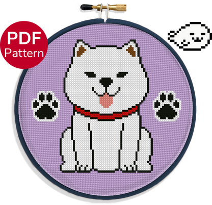 cross stitch pattern of an akita inu with black paw marks on the side