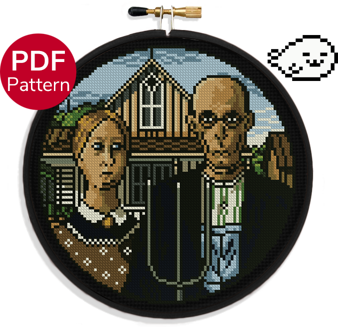 cross stitch pattern inspired by the painting "american gothic"