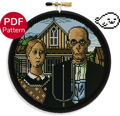 cross stitch pattern inspired by the painting "american gothic"