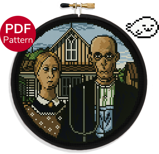 cross stitch pattern inspired by the painting "american gothic"