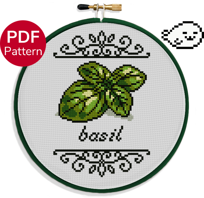 cross stitch pattern of a basil leaf with its name under it and ornate motifs around it