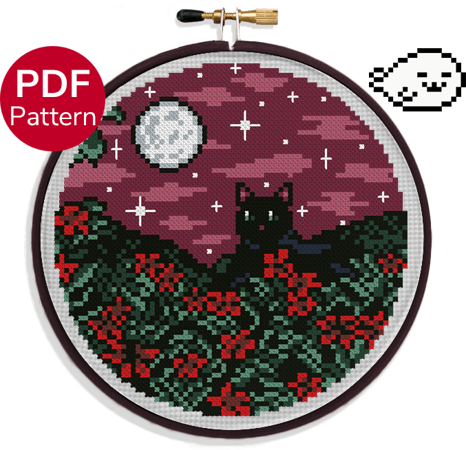 cross stitch pattern of black cat in a flower field under the full moon