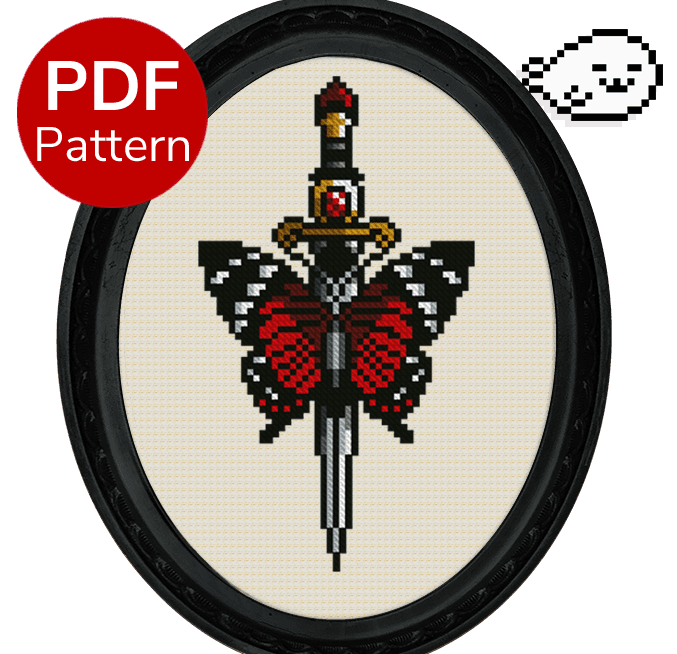 cross stitch pattern of an ornate dagger with a red butterfly sitting on the blade