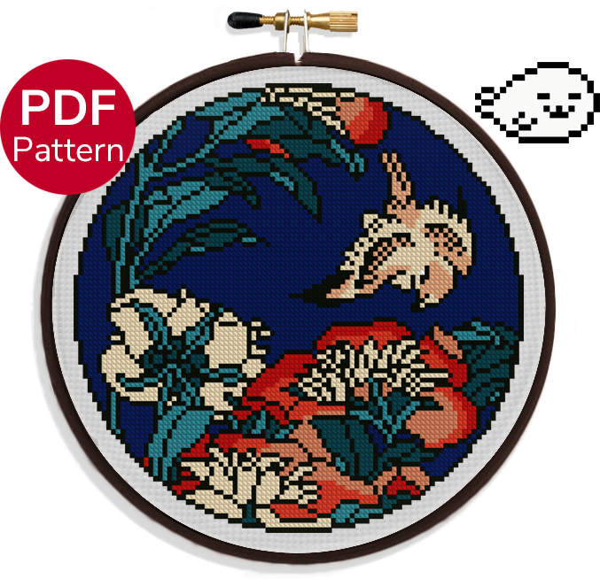 cross stitch pattern of the canary and peonies woodblock by artist hokusai