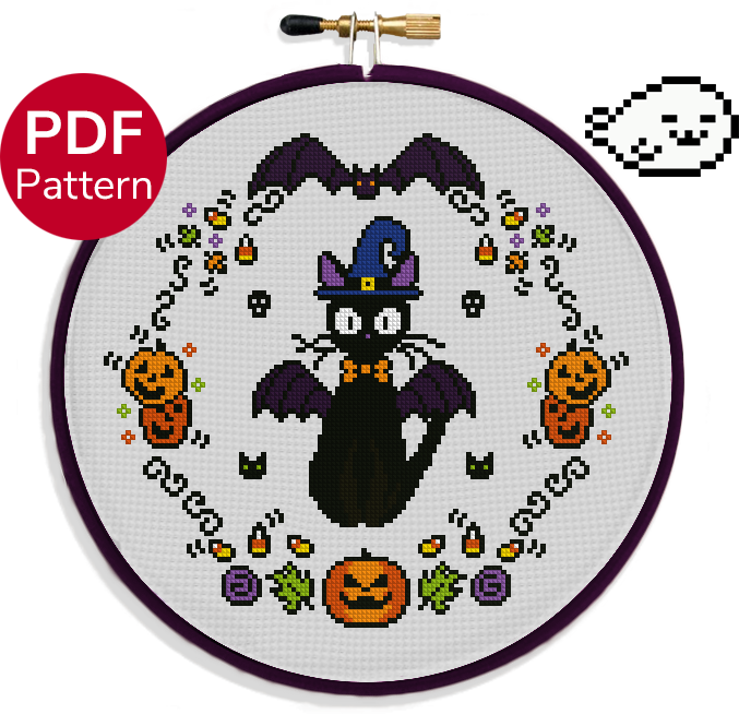 cross stitch pattern of a cat wearing a bat costume with Halloween elements such as pumpkins, bats, and candy corn decorating the background