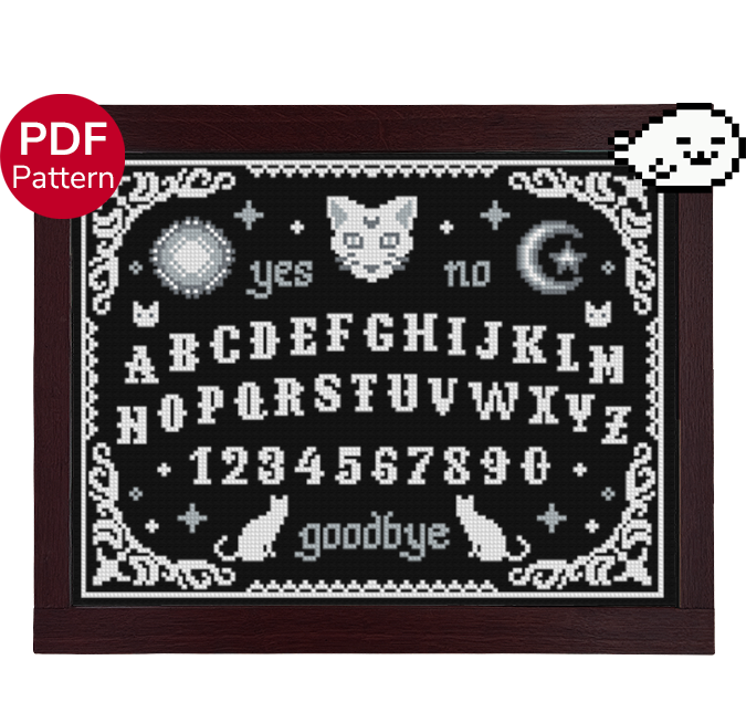 cross stitch pattern of a ouija board with cat motifs in greyscale