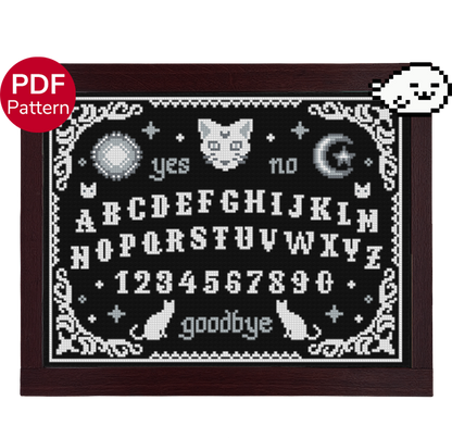 cross stitch pattern of a ouija board with cat motifs in greyscale