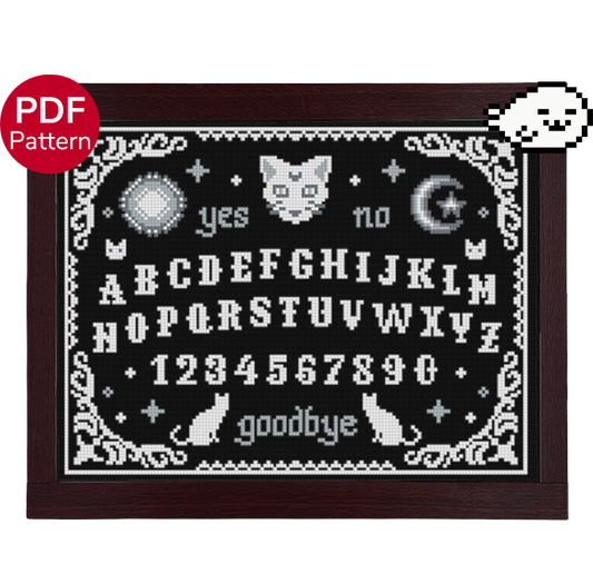 cross stitch pattern of a ouija board with cat motifs in greyscale