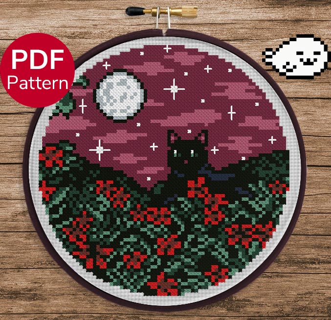 Black Cat in a flower field - Cross Stitch Pattern