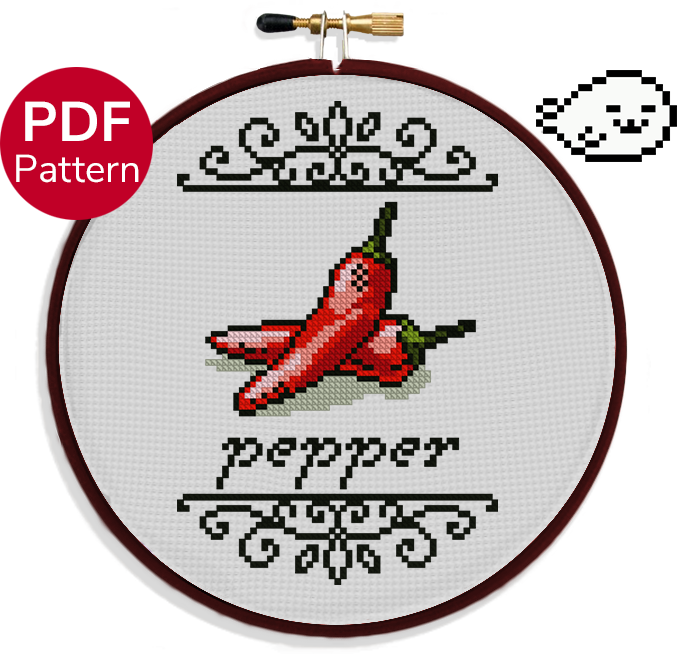 cross stitch pattern of a chili pepper with the word "pepper" under it and motifs above and below