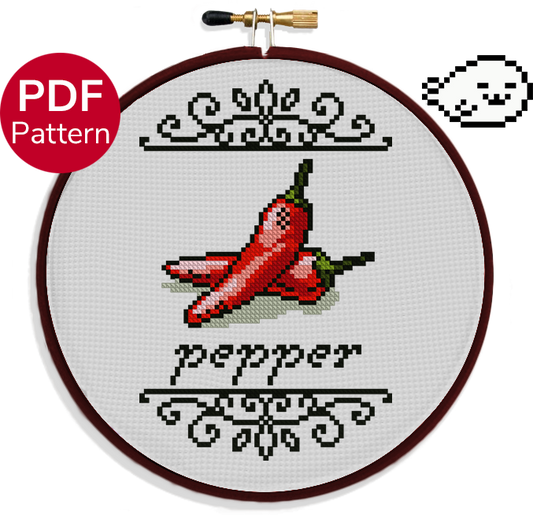 cross stitch pattern of a chili pepper with the word "pepper" under it and motifs above and below