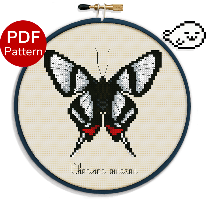 cross stitch pattern of a white black and red butterfly with the name "Chorinea amazon" beneath it