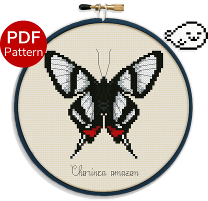 cross stitch pattern of a white black and red butterfly with the name "Chorinea amazon" beneath it