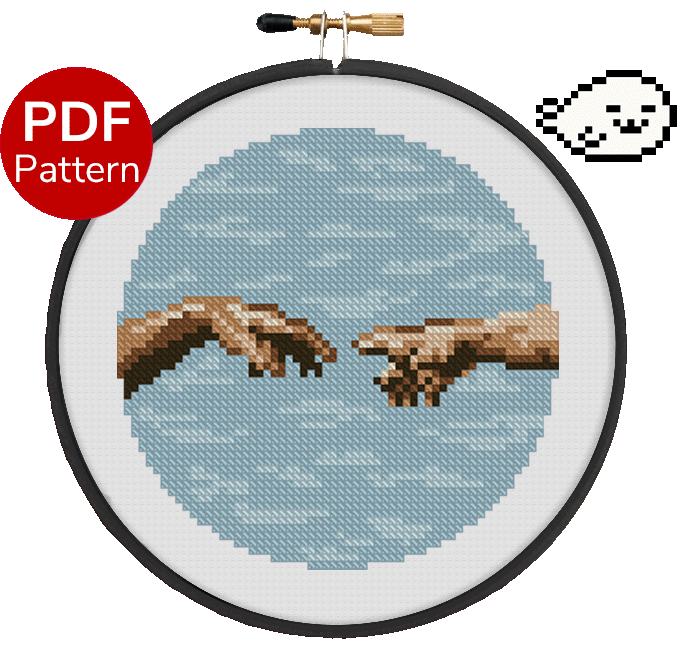 cross stitch pattern of the hand section from the creation of Adam fresco painting