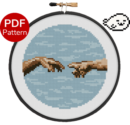 cross stitch pattern of the hand section from the creation of Adam fresco painting