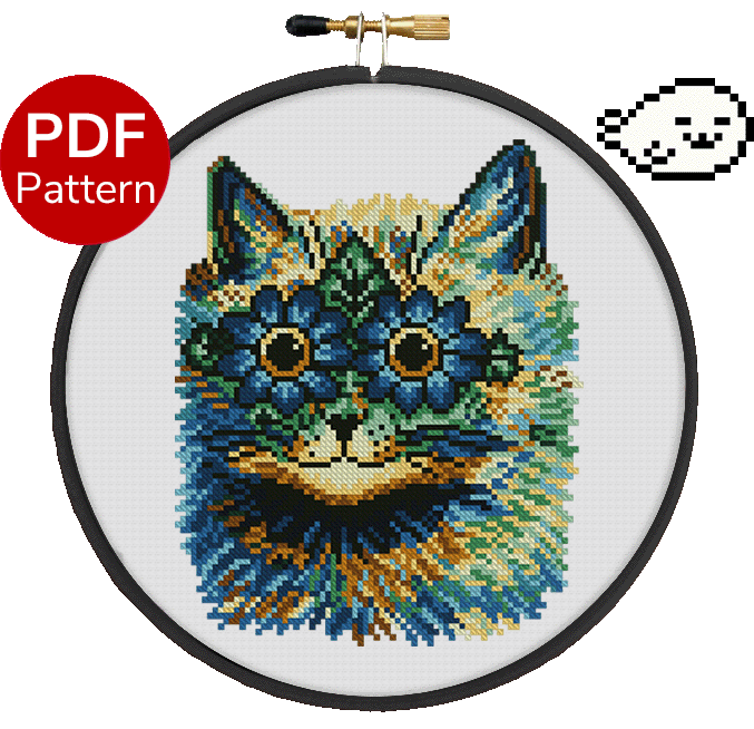 cross stitch pattern of a painting by louis wain called daisy eyes