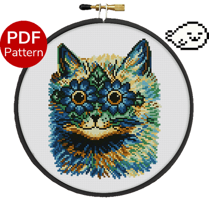 cross stitch pattern of a painting by louis wain called daisy eyes