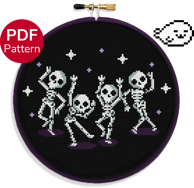 cross stitch pattern of a group of dancing skeletons