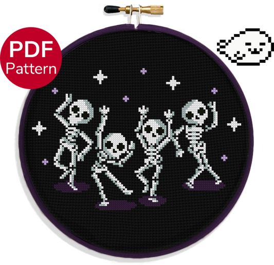 cross stitch pattern of a group of dancing skeletons