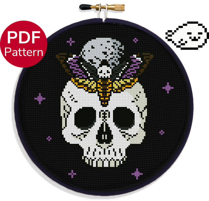 cross stitch pattern of the death's-head hawkmoth moth, on top a human skull