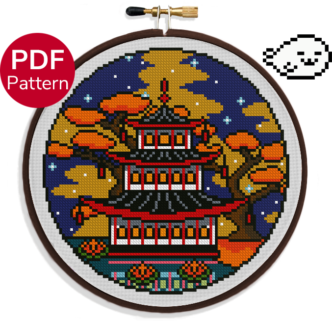 cross stitch pattern of an pagoda in the season of fall