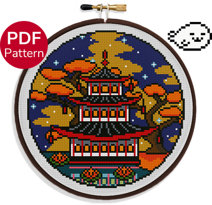 cross stitch pattern of an pagoda in the season of fall