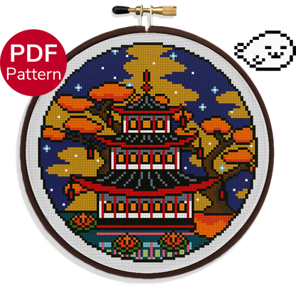Fall Pagoda Temple - Cross Stitch Pattern