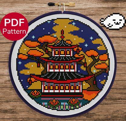 Fall Pagoda Temple - Cross Stitch Pattern