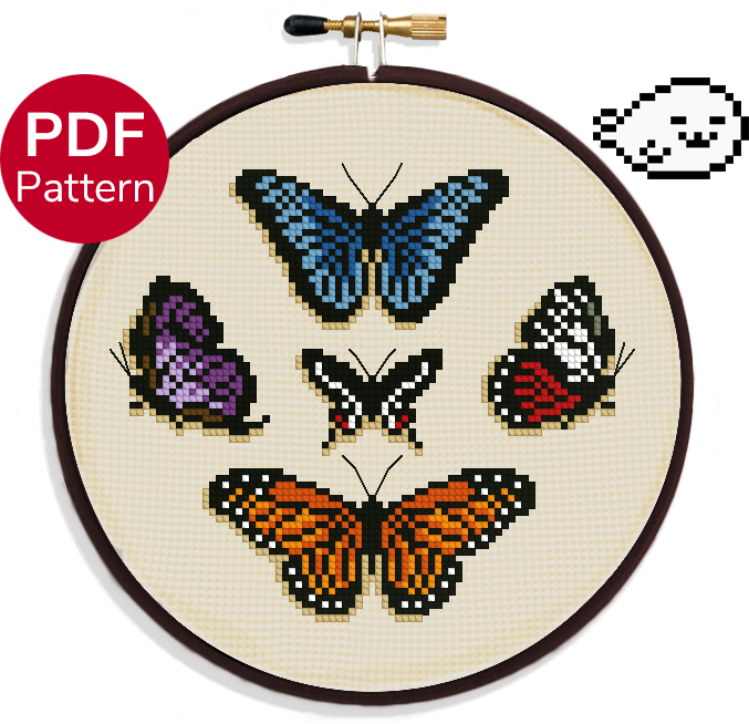 cross stitch pattern with five butterflies, the Monarch, Blue Morpho, Agavus Cattleheart, Red Doris and Oakblue butterflies