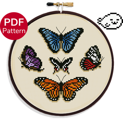 cross stitch pattern with five butterflies, the Monarch, Blue Morpho, Agavus Cattleheart, Red Doris and Oakblue butterflies