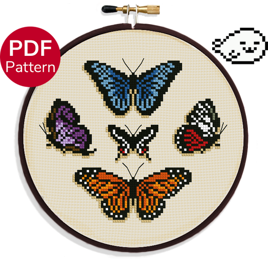 cross stitch pattern with five butterflies, the Monarch, Blue Morpho, Agavus Cattleheart, Red Doris and Oakblue butterflies