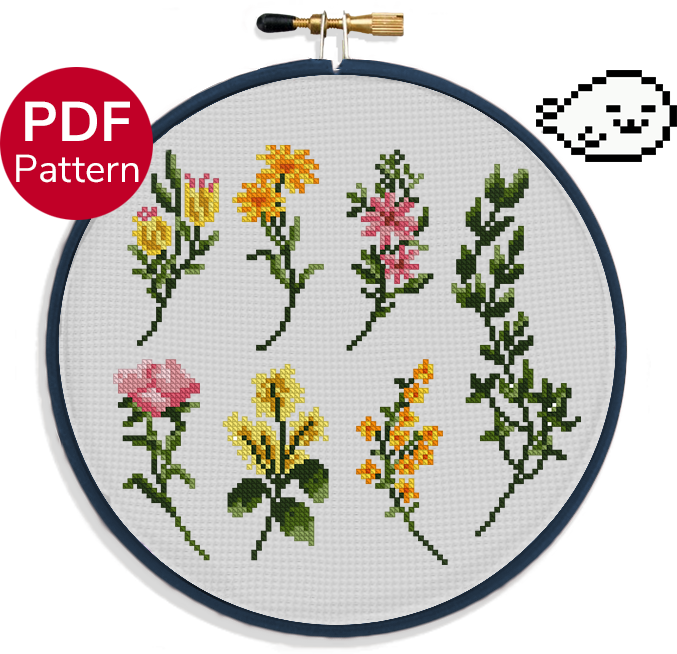 cross stitch pattern of a sampler with 6 different flowers