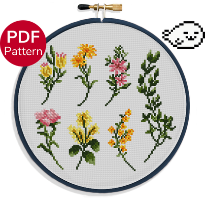 cross stitch pattern of a sampler with 6 different flowers