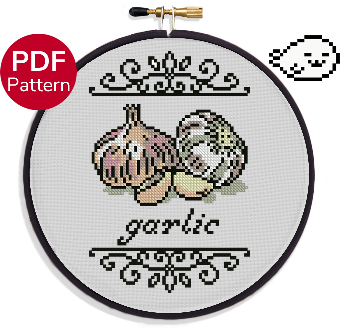 cross stitch pattern of garlic cloves with ornate decoration around it