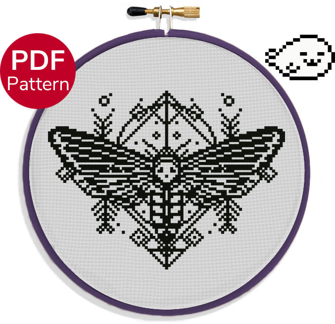 cross stitch pattern of a moth in blackwork style with geometric patterns behind it