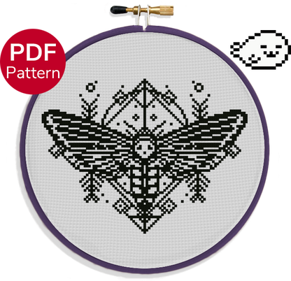 cross stitch pattern of a moth in blackwork style with geometric patterns behind it