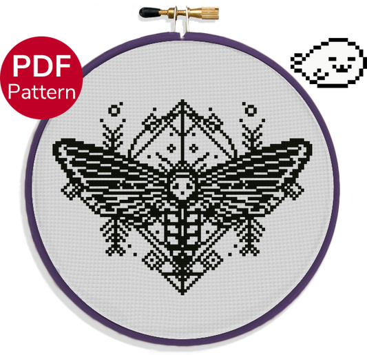 cross stitch pattern of a moth in blackwork style with geometric patterns behind it