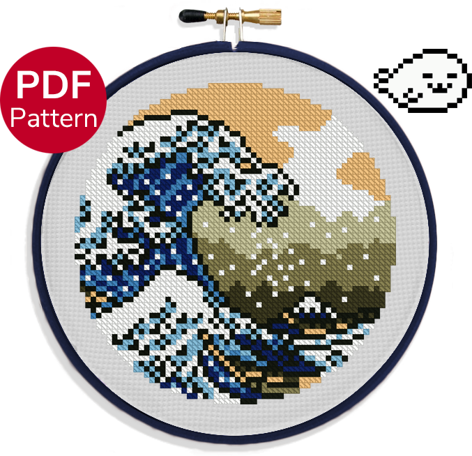 cross stitch pattern of the great wave off kanagawa in a small size ideal for beginners