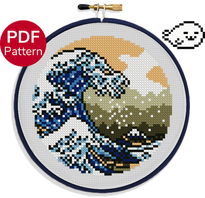 cross stitch pattern of the great wave off kanagawa in a small size ideal for beginners