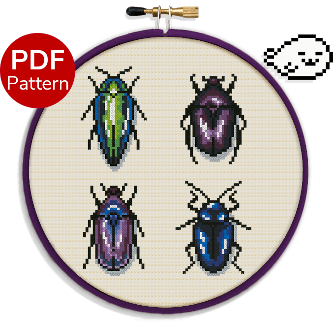 cross stitch pattern of scarab like beetles known as jewel beetles