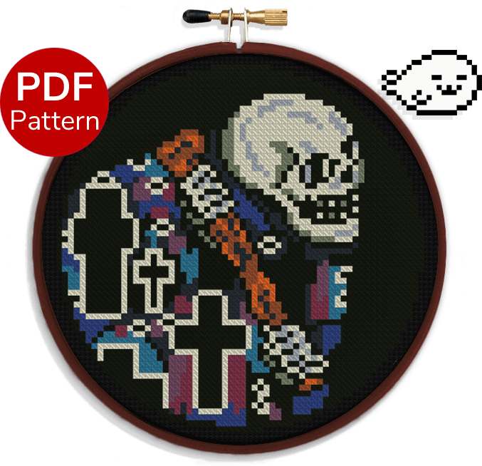 cross stitch pattern of death inspired by the painting by gustav klimt titled "Death and Life"