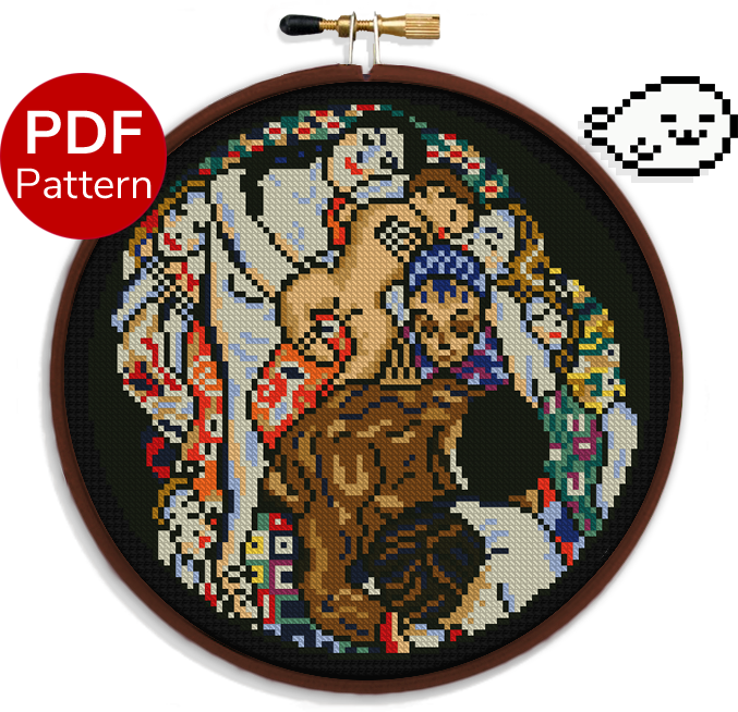 cross stitch pattern of the life side of the painting titled 'death and life' by gustav klimt