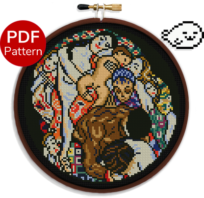 cross stitch pattern of the life side of the painting titled 'death and life' by gustav klimt