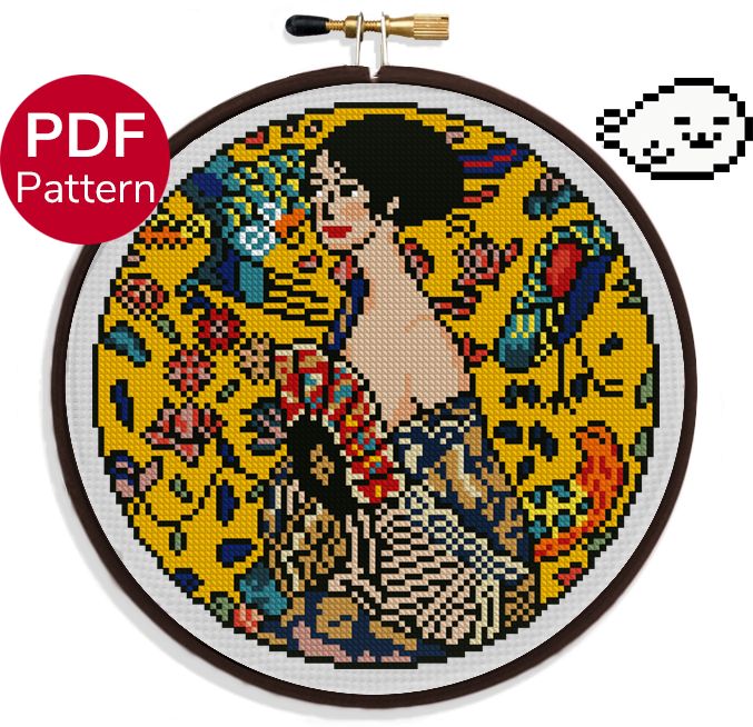 cross stitch pattern of the painting lady with a fan from artist gustav klimt