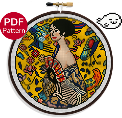 cross stitch pattern of the painting lady with a fan from artist gustav klimt